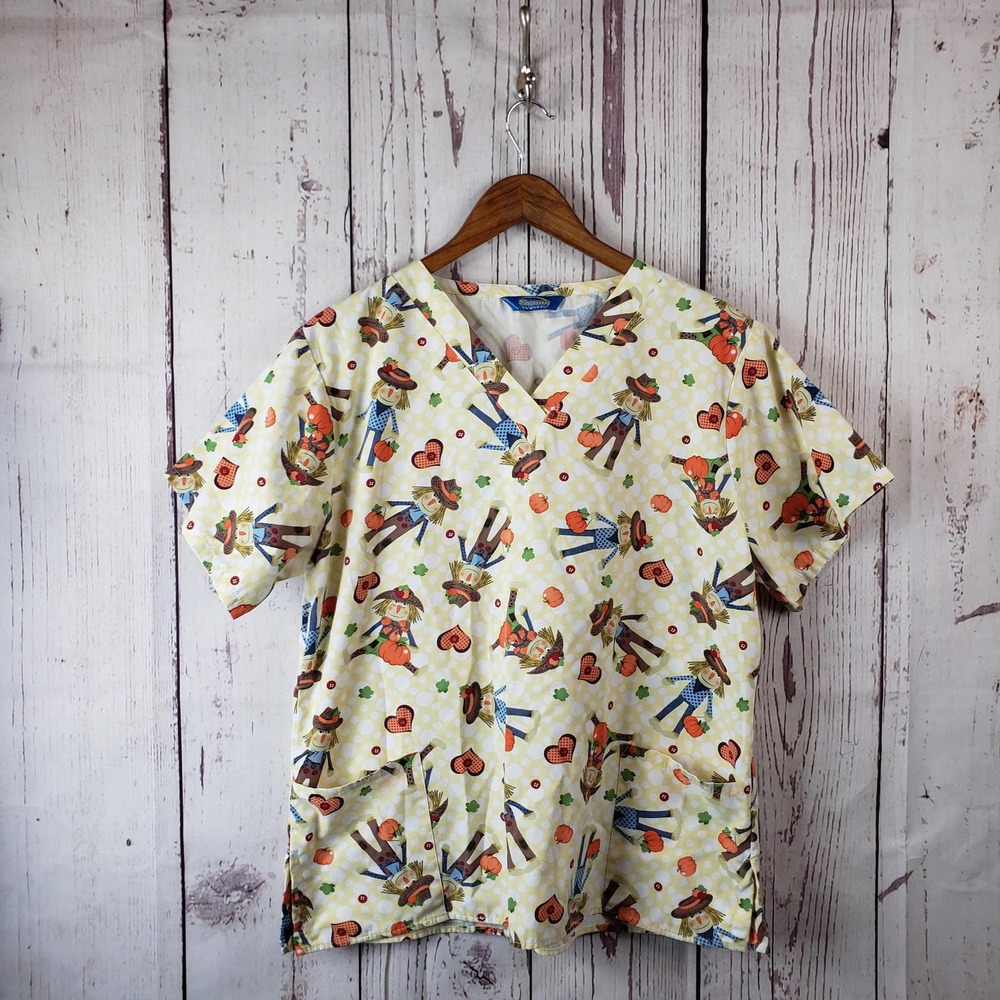 Scrub Wear Scarecrow Thanksgiving Halloween Scrub Top Womens Size Sm/Med
